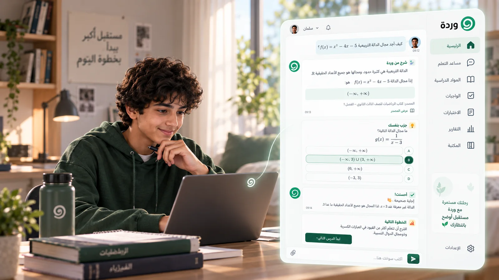 A student studying at his laptop with a notebook and books beside a conceptual learning interface